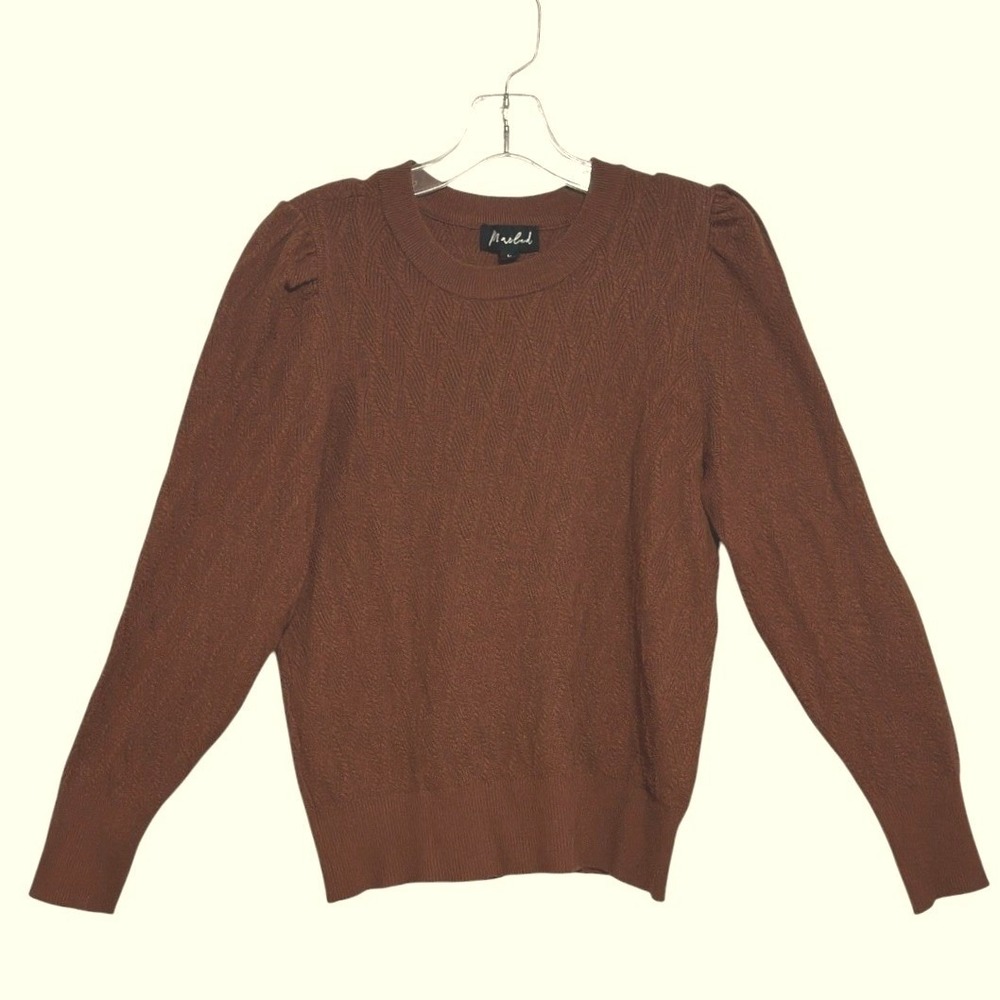 Marled Sweater Womens Brown Rust Chevron Textured Puff Shoulder Crew Neck Fall L